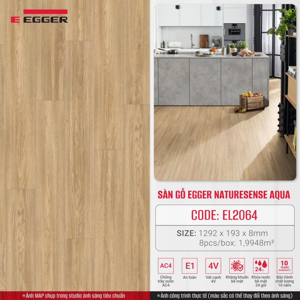 Sàn gỗ Egger Naturesense Aqua EL2064 (Natural Soria Oak) khóa nước bề mặt 24 giờ
