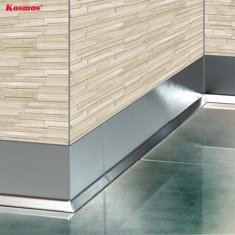 Phào chỉ chân tường làm bằng chất liệu inox lắp dạng âm tường Phào chỉ chân tường làm bằng chất liệu inox lắp dạng âm tường