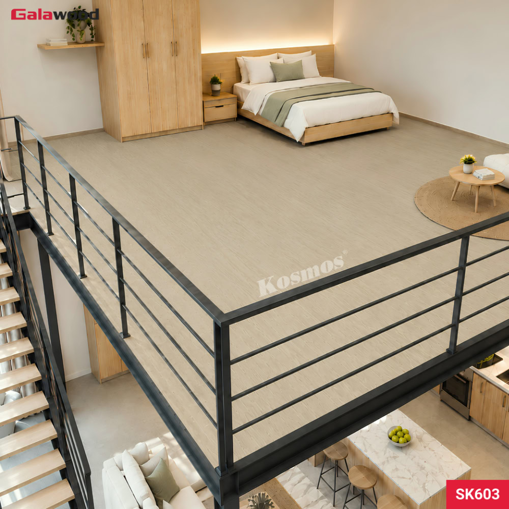 Hình nội thất sàn gác lửng vân gỗ vàng sồi nhạt SK603