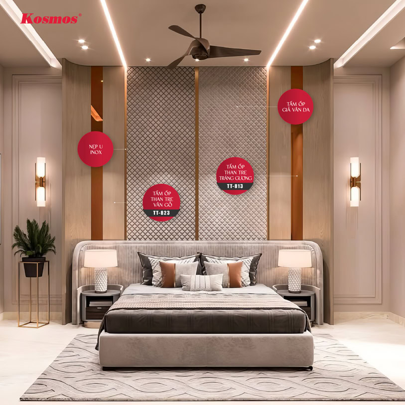 Tấm ốp than tre giả da kết hợp với tấm ốp vân gỗ, tráng gương và nẹp inox