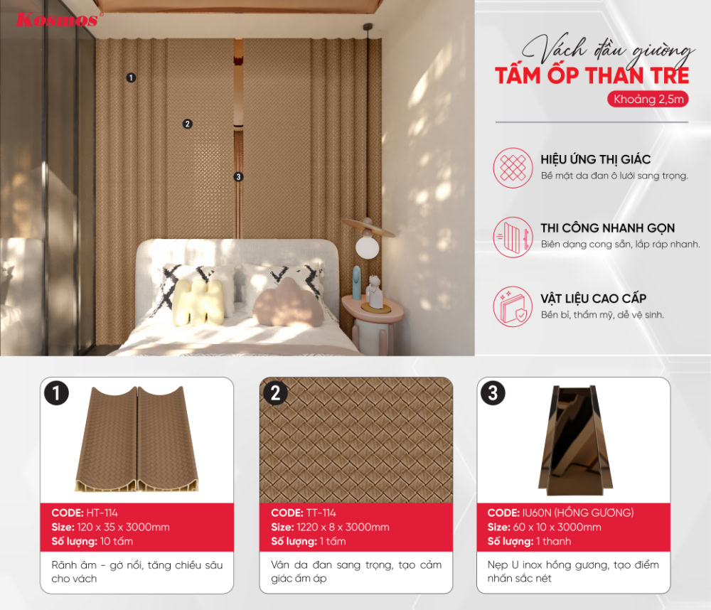 Vách đầu giường tấm ốp than tre vân da đan nâu đậm 1