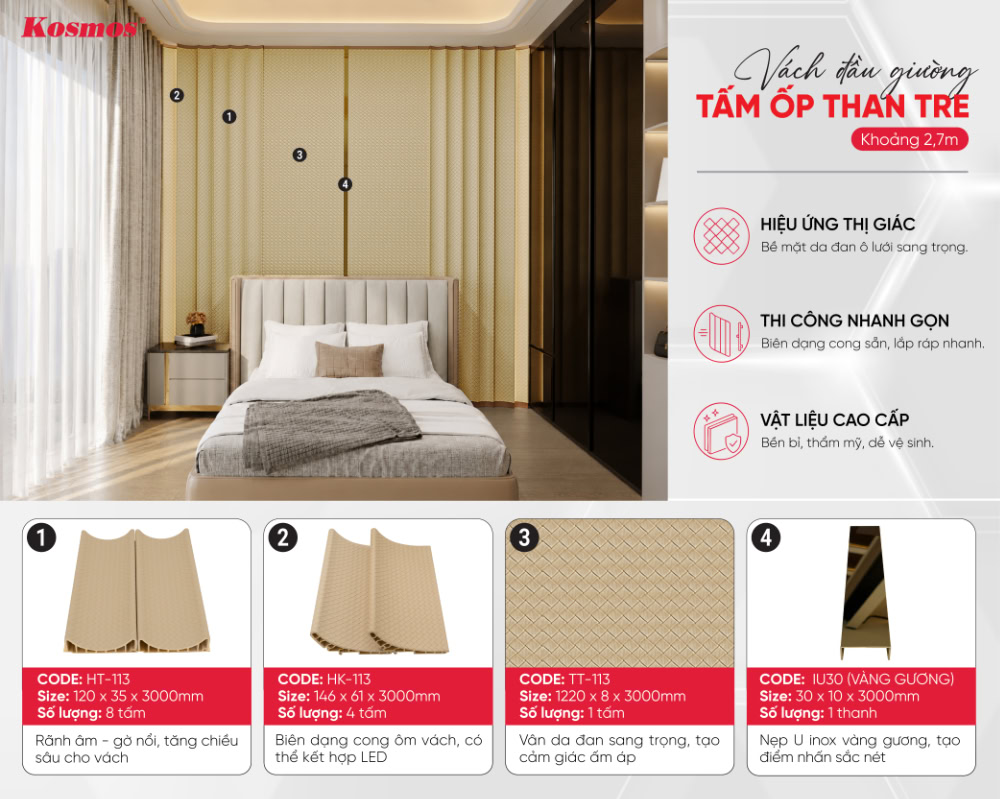 Vách đầu giường tấm ốp than tre vân da đan vàng kem 1