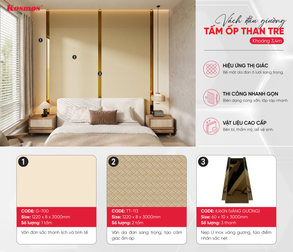 Vách đầu giường tấm ốp than tre vân da đan vàng kem 3