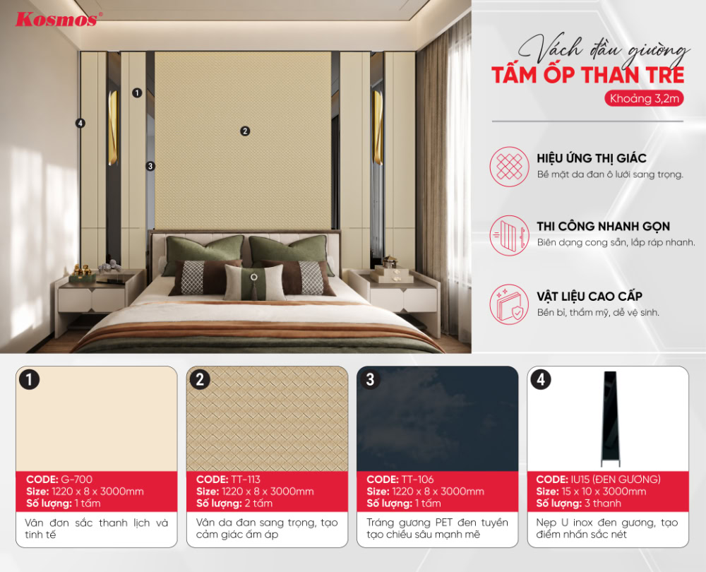 Vách đầu giường tấm ốp than tre vân da đan vàng kem 6