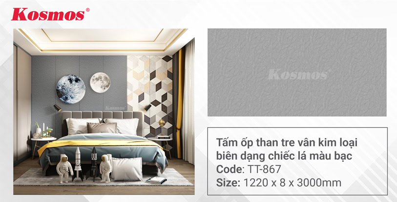 Tấm ốp than tre vân kim loại biên dạng chiếc lá màu bạc TT-867
