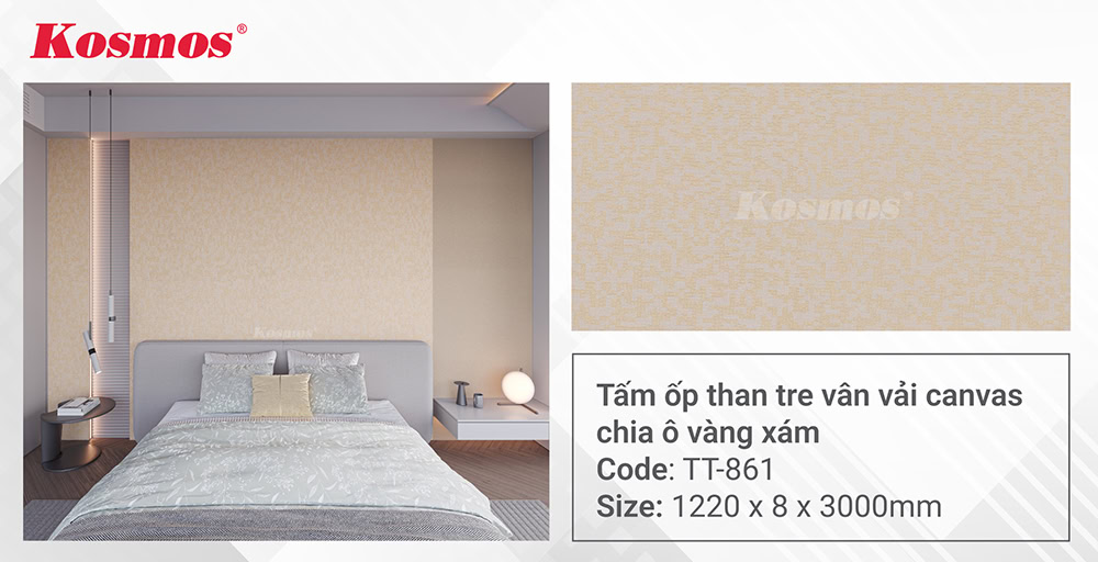 Tấm ốp than tre vân vải canvas chia ô vàng xám TT-861 Tấm ốp than tre vân vải canvas chia ô vàng xám TT-861