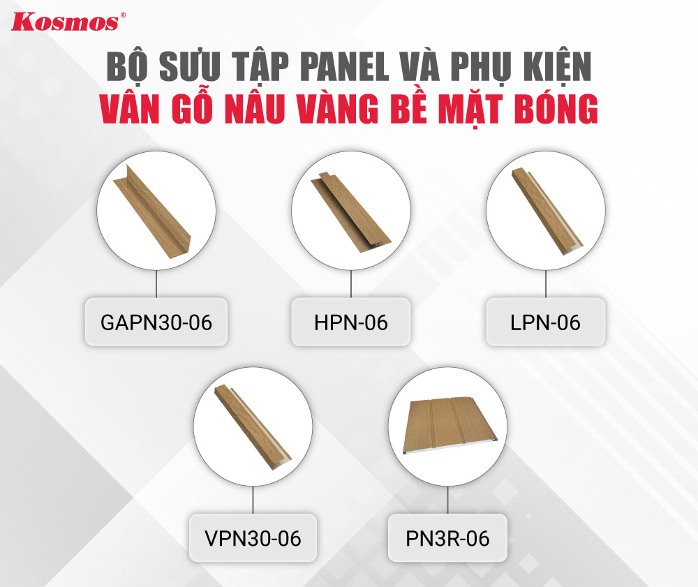 Bộ đồng màu tấm Panel và phụ kiện 06 màu nâu vàng bề mặt bóng Bộ đồng màu tấm Panel và phụ kiện 06 màu nâu vàng bề mặt bóng