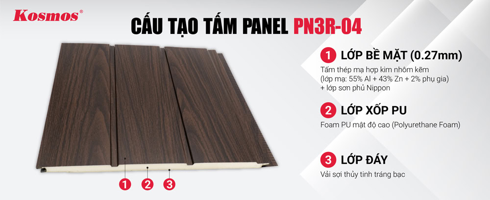 Cấu tạo của tấm Panel cách nhiệt tôn xốp PN3R-04 nâu walnut mặt bóng Cấu tạo của tấm Panel cách nhiệt tôn xốp PN3R-04 nâu walnut mặt bóng
