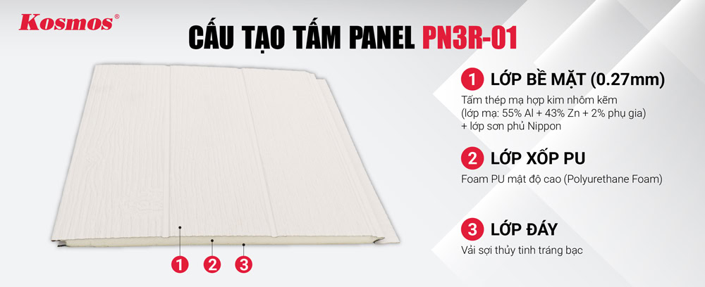 Cấu tạo tấm Panel cách nhiệt tôn xốp PN3R-01 Cấu tạo tấm Panel cách nhiệt tôn xốp PN3R-01