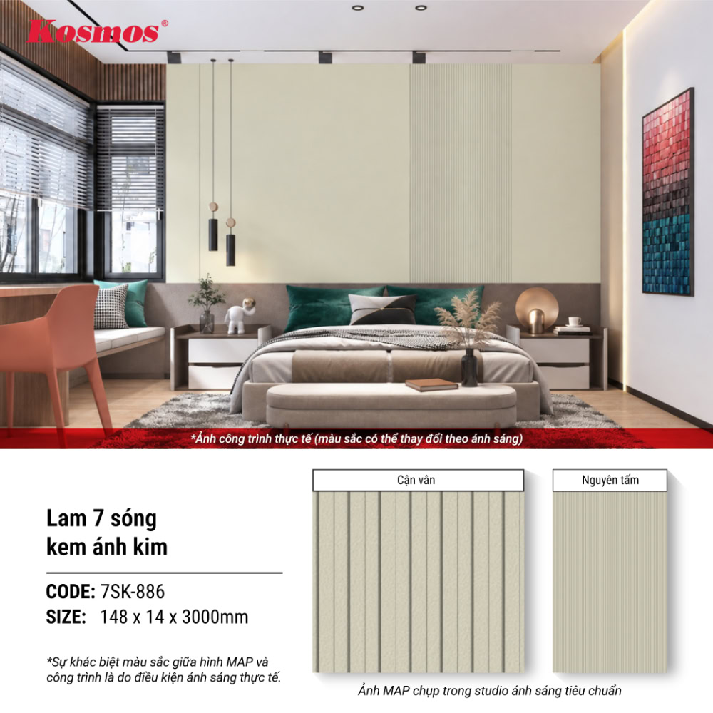 Tấm ốp lam 7 sóng 7SK-886 kem ánh kim nâng cao thẩm mỹ không gian nội thất Tấm ốp lam 7 sóng 7SK-886 kem ánh kim nâng cao thẩm mỹ không gian nội thất