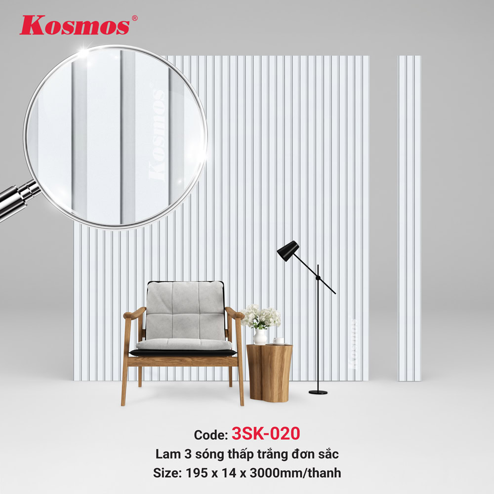 Lam 3 sóng thấp 3SK-020 trắng trơn phù hợp với nhiều phong cách trang trí nội thất