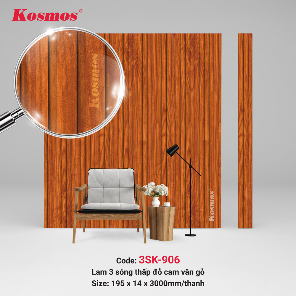 Màu sắc đỏ cam vân gỗ của lam 3 sóng thấp 3SK-906 kiến tạo nên không gian đẹp
