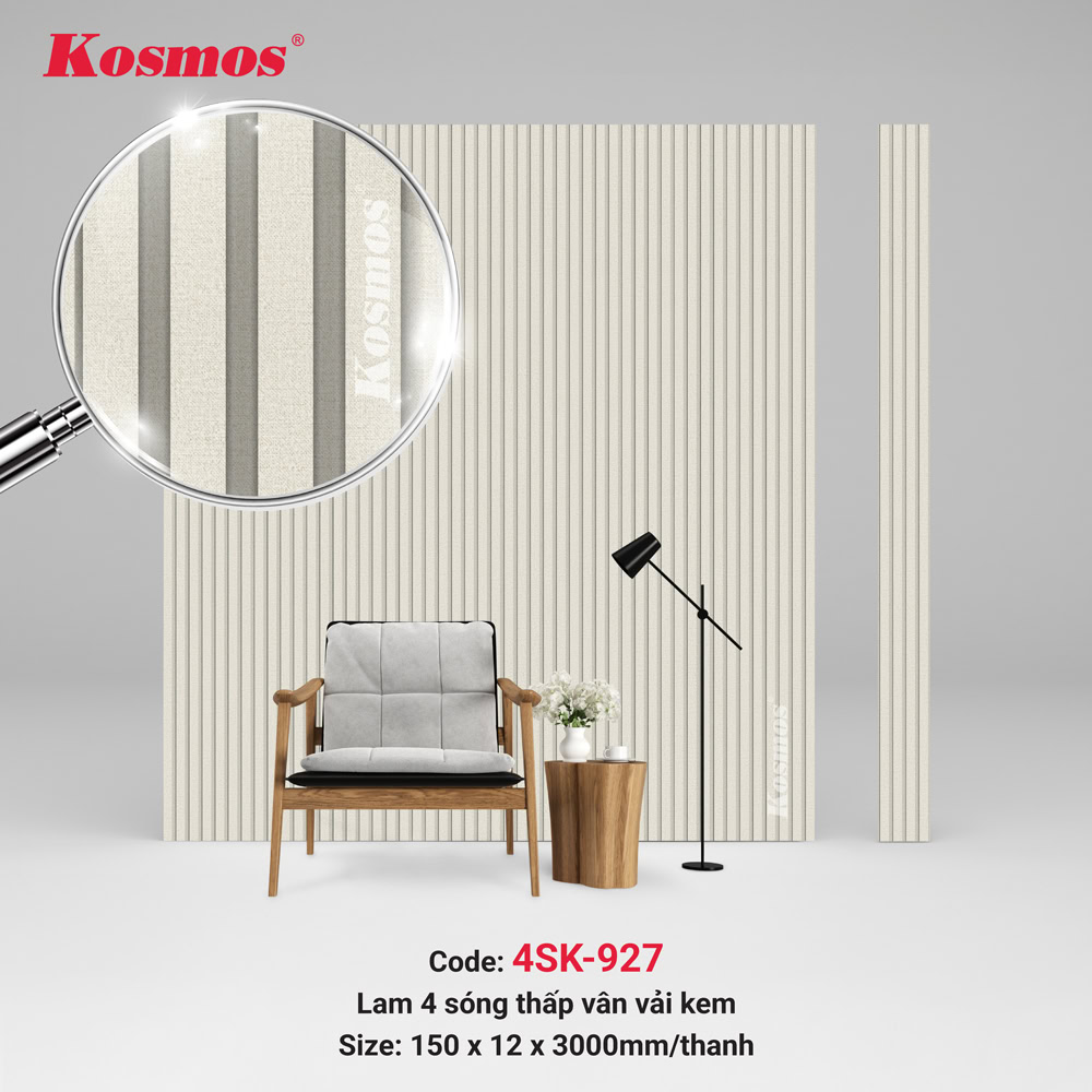 Đặc điểm nổi bật của tấm ốp lam 4 sóng thấp 4SK-927 là bề mặt vân vải kem Đặc điểm nổi bật của tấm ốp lam 4 sóng thấp 4SK-927 là bề mặt vân vải kem