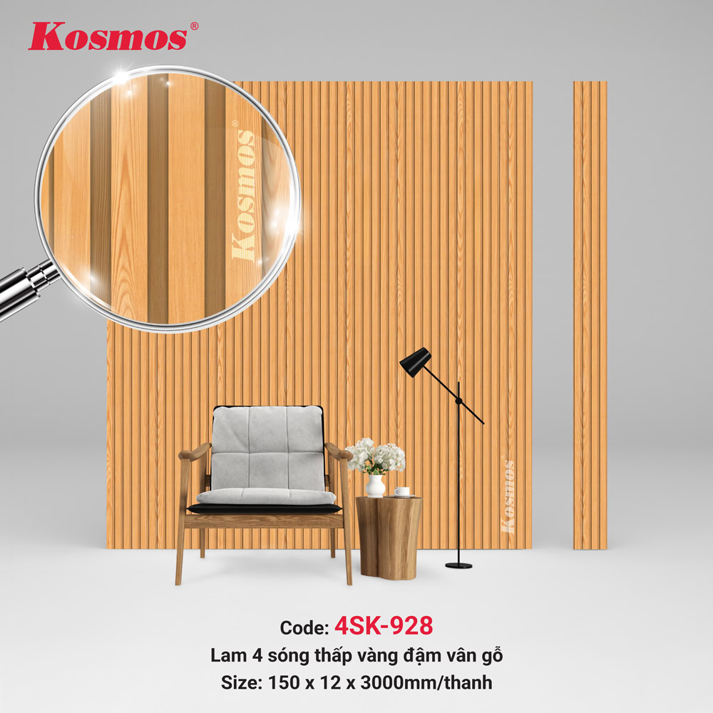 Yếu tố làm nên sự khác biệt của tấm lam sóng Kosmos mã 4SK-928 là bề mặt vàng vân gỗ đậm Yếu tố làm nên sự khác biệt của tấm lam sóng Kosmos mã 4SK-928 là bề mặt vàng vân gỗ đậm