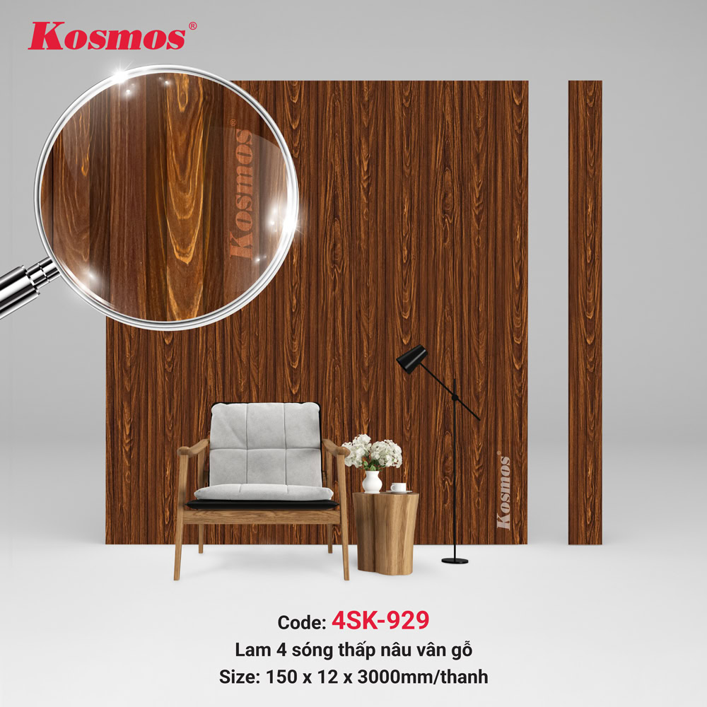 Đặc điểm nổi bật của tấm ốp lam 4 sóng thấp SPC mã 4SK-929 là bề mặt nâu vân gỗ Đặc điểm nổi bật của tấm ốp lam 4 sóng thấp SPC mã 4SK-929 là bề mặt nâu vân gỗ
