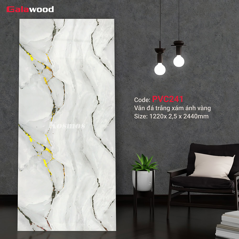 Tấm ốp PVC vân đá Galawood PVC241 vân đá trắng xám ánh vàng
