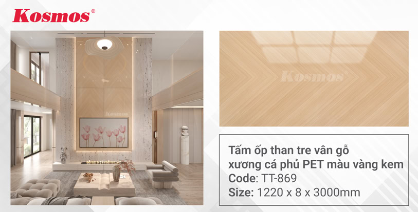 Tấm ốp than tre vân gỗ xương cá phủ PET màu vàng kem TT-869
