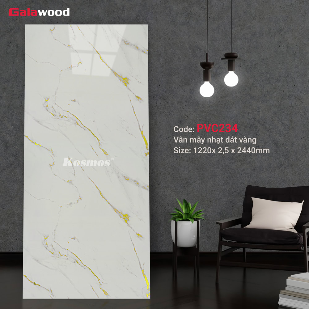 Tấm ốp PVC vân đá Galawood PVC234 Marble vân mây dát vàng