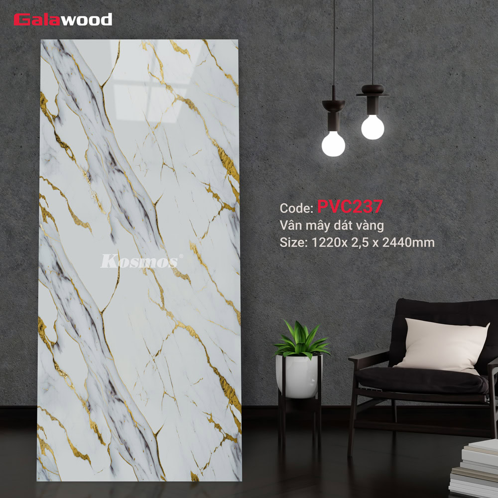 Tấm ốp PVC vân đá Galawood PVC237 Marble vân mây dát vàng