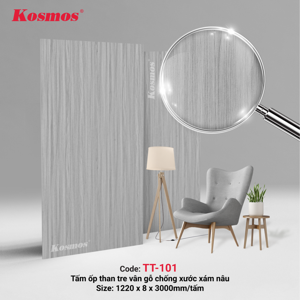 TT-101 là tấm ốp than tre vân gỗ chống xước xám nâu 