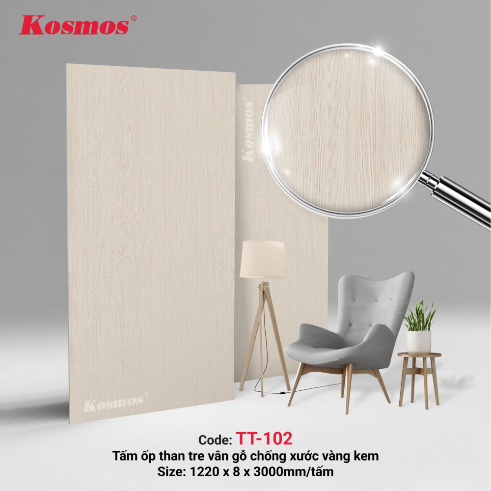 TT-102 là tấm ốp than tre vân gỗ chống xước vàng kem 