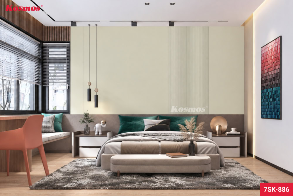 Ứng dụng lam sóng kem ánh kim 7SK-886 trang trí phòng ngủ Ứng dụng lam sóng kem ánh kim 7SK-886 trang trí phòng ngủ