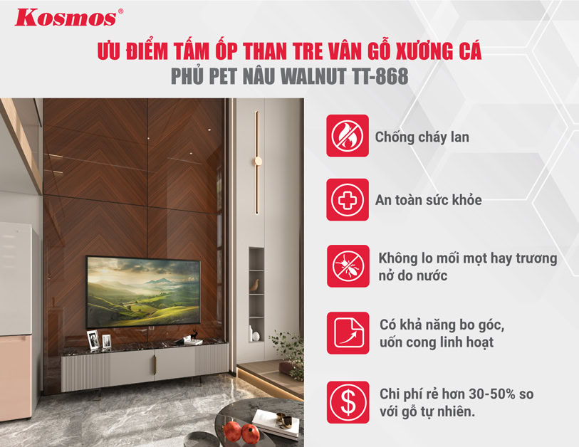 Ưu điểm của tấm ốp than tre xương cá phủ PET nâu walnut TT-868