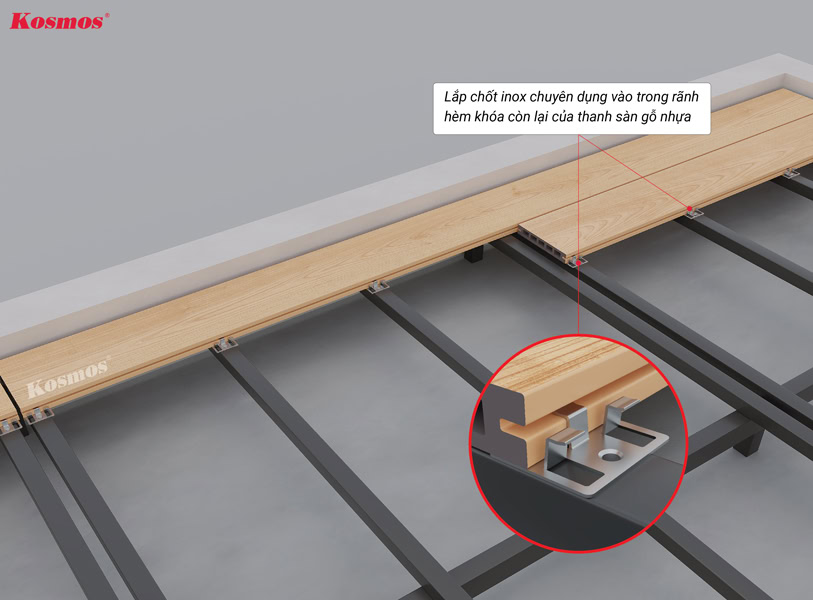 Bước 2: Lắp chốt inox chuyên dụng vào trong rãnh hèm khóa còn lại của thanh sàn