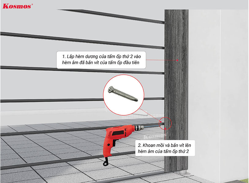Ốp dọc: Cố định tấm ốp thứ hai bằng vít inox tại hèm âm