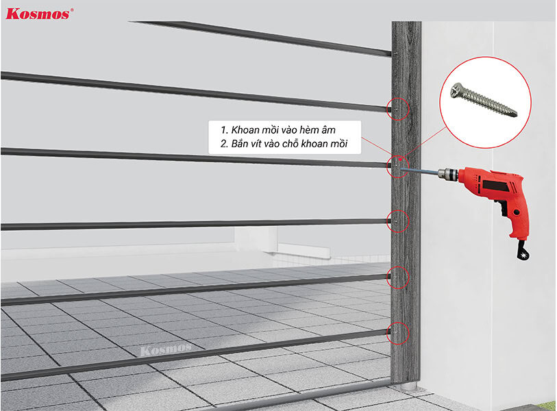 Ốp dọc: Khoan mồi và bắn vít inox đuôi tè vào hèm âm để cố định tấm ốp lên thanh xương