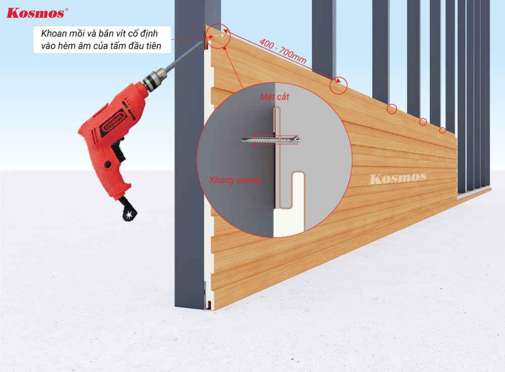 Bắn vít cố định vào hèm âm của tấm tôn xốp Panel đầu tiên