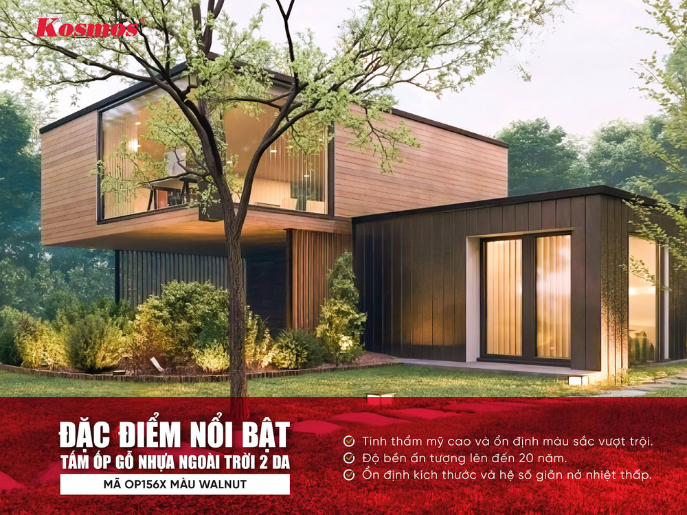 Đặc điểm nổi bật tấm ốp gỗ nhựa ngoài trời 2 da OP156X màu Walnut Đặc điểm nổi bật tấm ốp gỗ nhựa ngoài trời 2 da OP156X màu Walnut