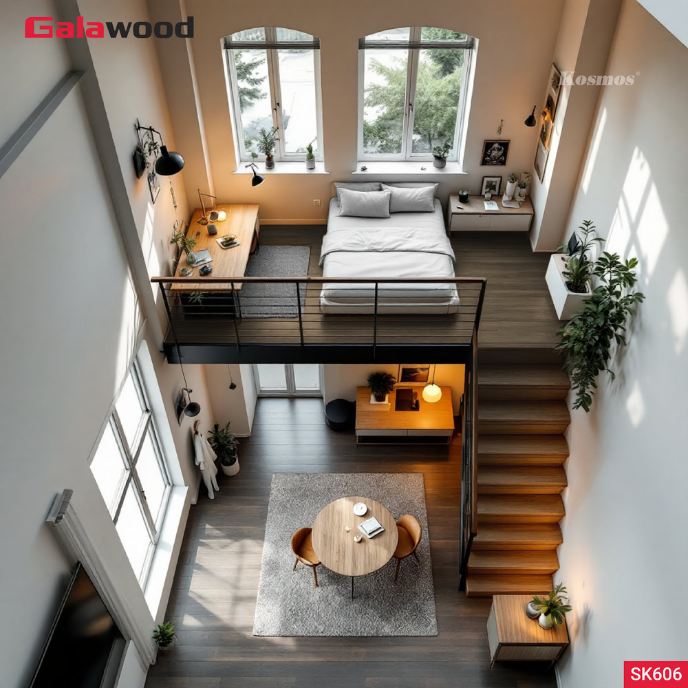 Hình nội thất sàn gác lửng vân gỗ nâu walnut SK606