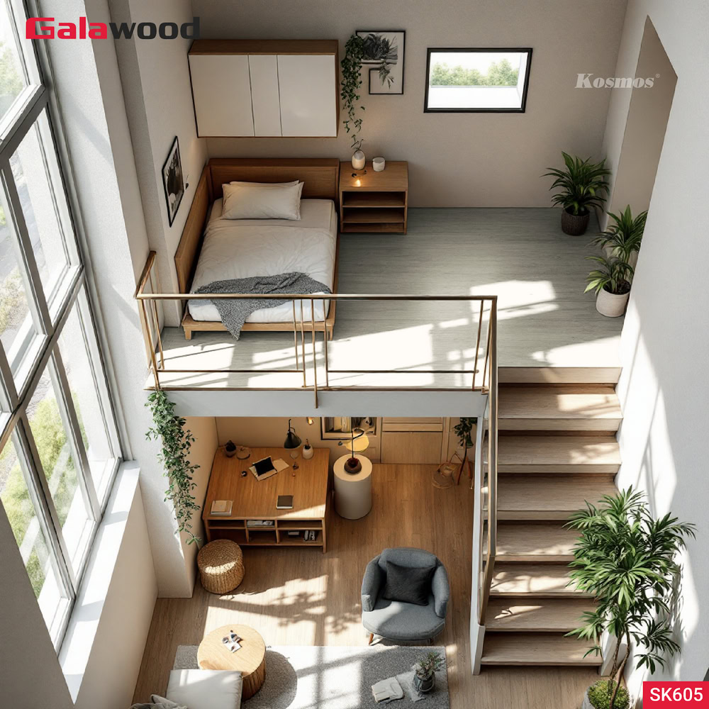 Hình nội thất sàn gác lửng vân gỗ trắng ngà SK605