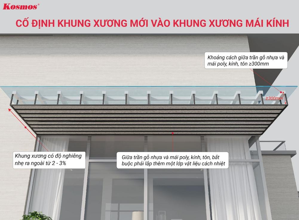Khoảng cách giữa trần gỗ nhựa 1 lớp OP148 và mái kính tối thiểu 300mm và ở giữa cần có 1 lớp vật liệu cách nhiệt Khoảng cách giữa trần gỗ nhựa 1 lớp OP148 và mái kính tối thiểu 300mm và ở giữa cần có 1 lớp vật liệu cách nhiệt