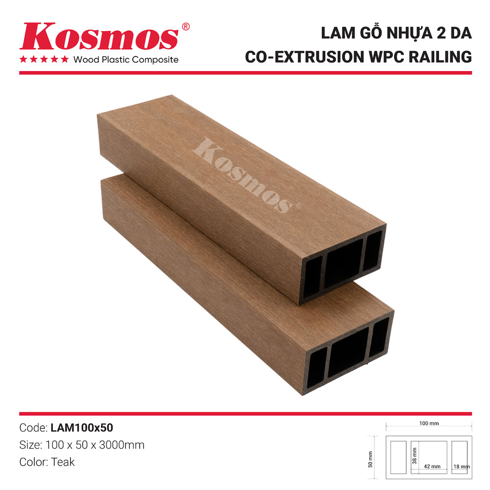 Lam gỗ nhựa ngoài trời 2 lớp phủ Polymer mã LAM100X50 màu Teak (vàng cam)