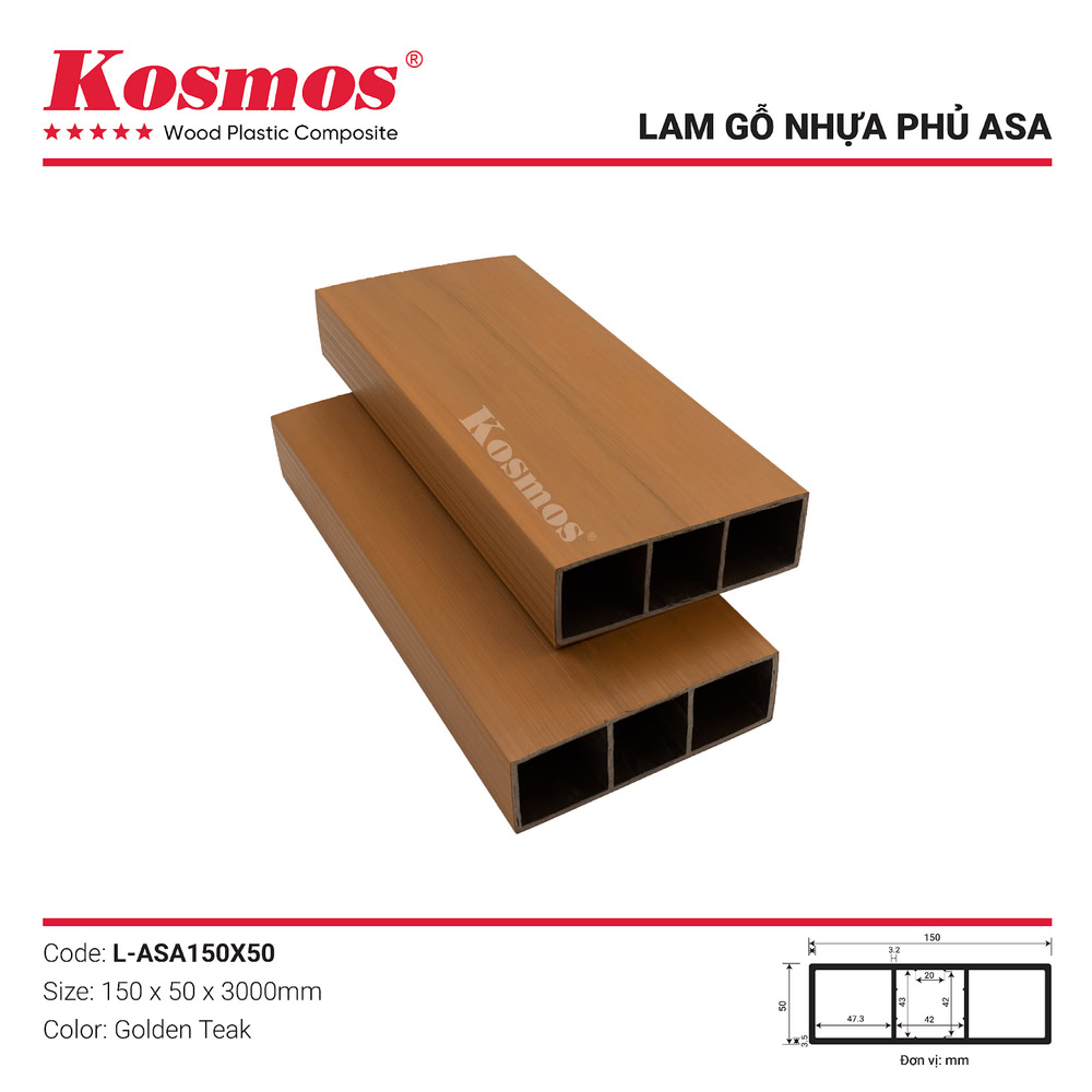 Lam hộp gỗ nhựa 2 lớp phủ ASA màu Golden Teak mã L-ASA150X50 vân sọc đặc biệt Lam hộp gỗ nhựa 2 lớp phủ ASA màu Golden Teak mã L-ASA150X50 vân sọc đặc biệt