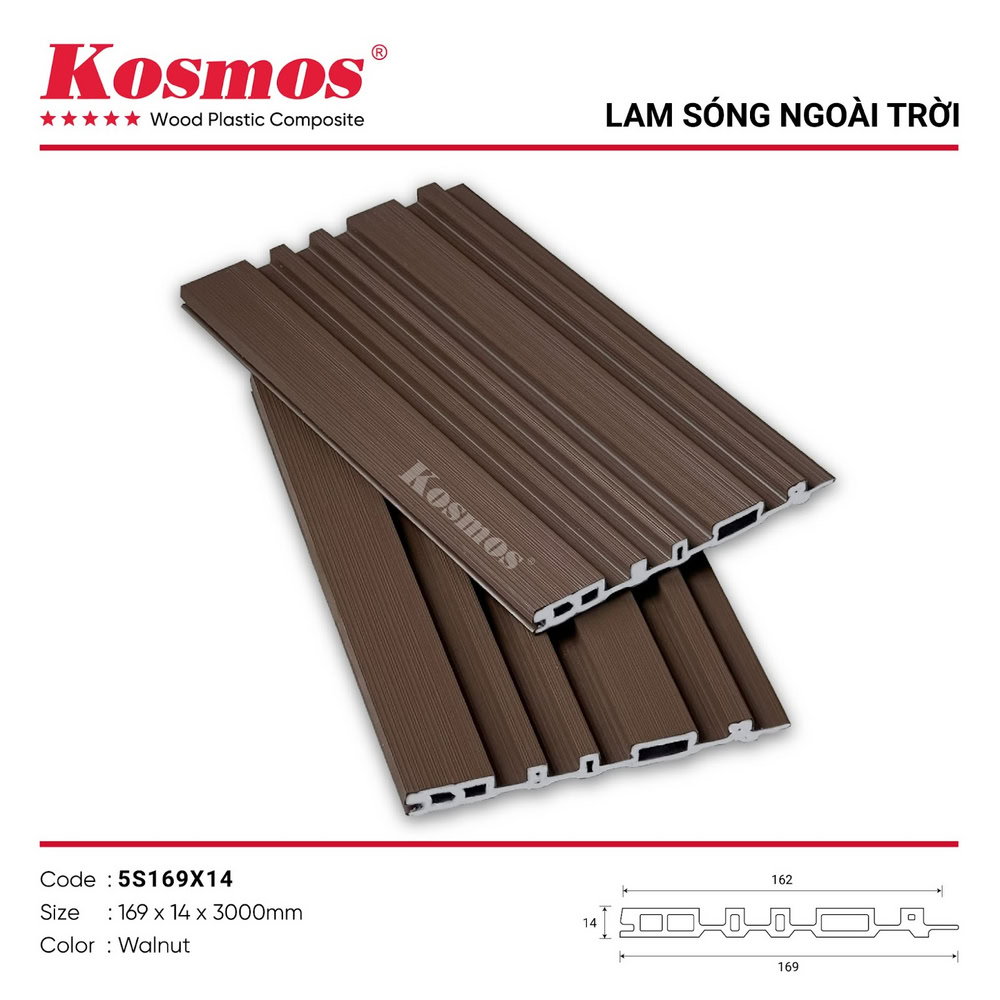 Lam sóng gỗ nhựa 2 lớp phủ ASA 5S169X14 Walnut