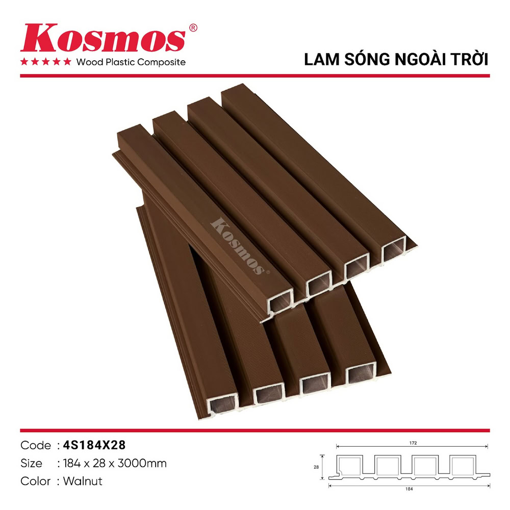 Lam sóng gỗ nhựa 2 lớp phủ ASA mã 4S184X28 Walnut (nâu) Lam sóng gỗ nhựa 2 lớp phủ ASA mã 4S184X28 Walnut (nâu)