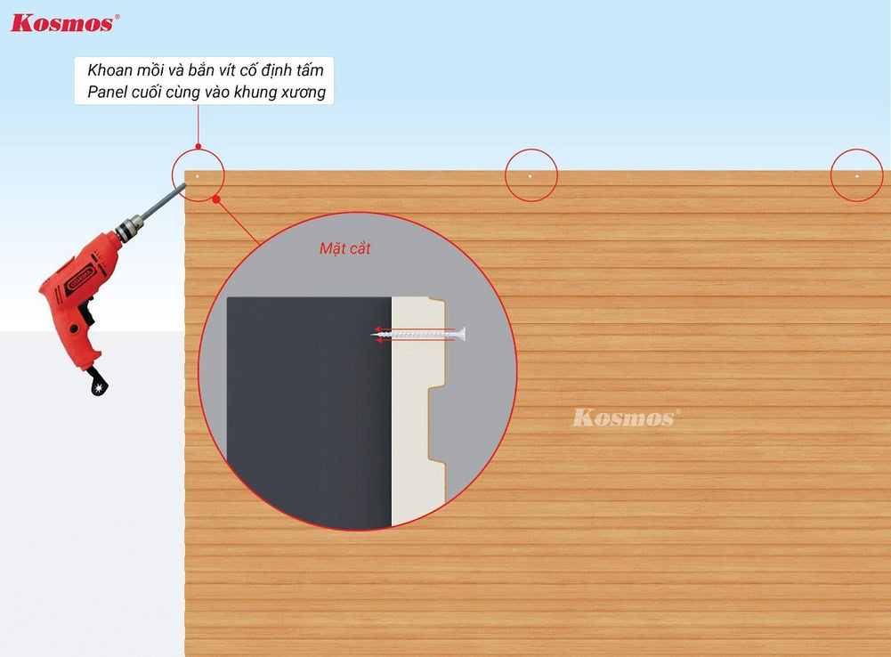 Lắp đặt và cố định tấm Panel đã điều chỉnh vào khung xương bằng vít inox