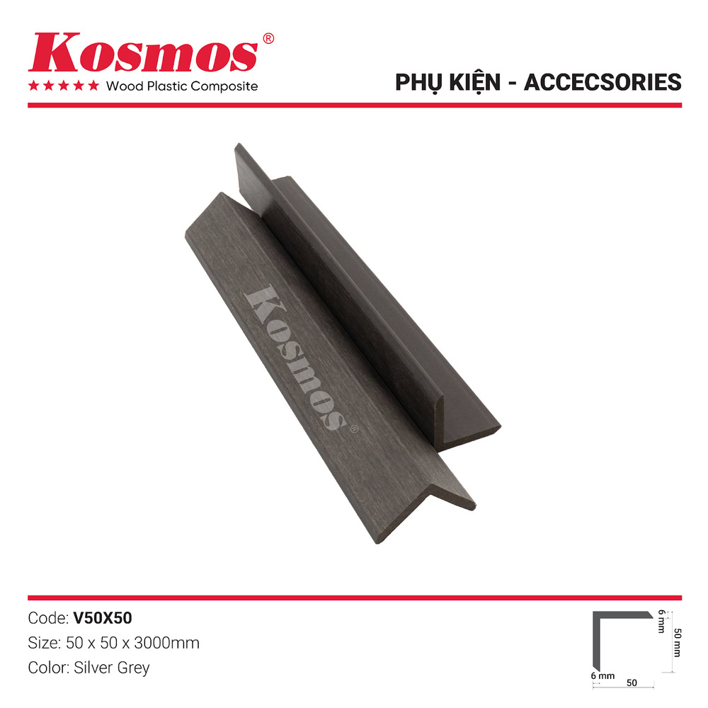 Nẹp trang trí góc V gỗ nhựa 2 lớp phủ Polymer mã V50X50 Silver Grey (xám bạc)