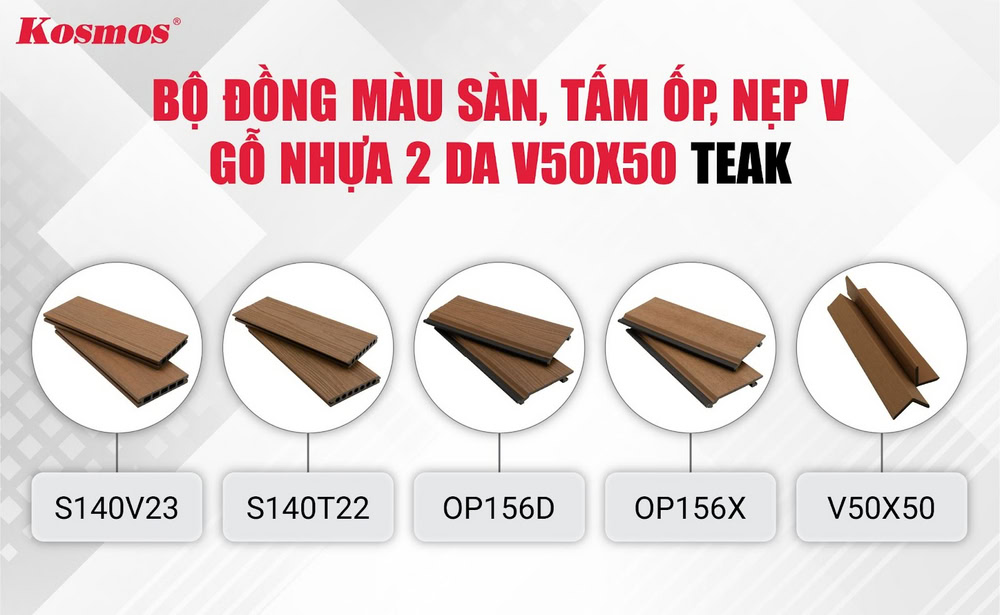 Nẹp V 2 da, tấm ốp, sàn gỗ nhựa cùng tông màu Teak