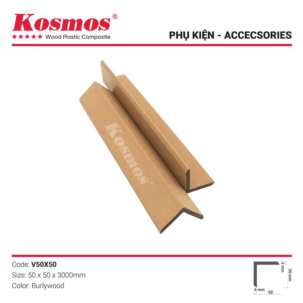 Nẹp V gỗ nhựa 2 lớp phủ Polymer mã V50X50 màu Burlywood (vàng nhạt)