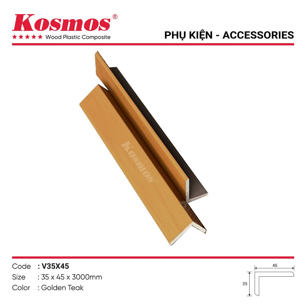 Phụ kiện nẹp V gỗ nhựa ngoài trời 2 lớp phủ ASA V35X45 Golden Teak