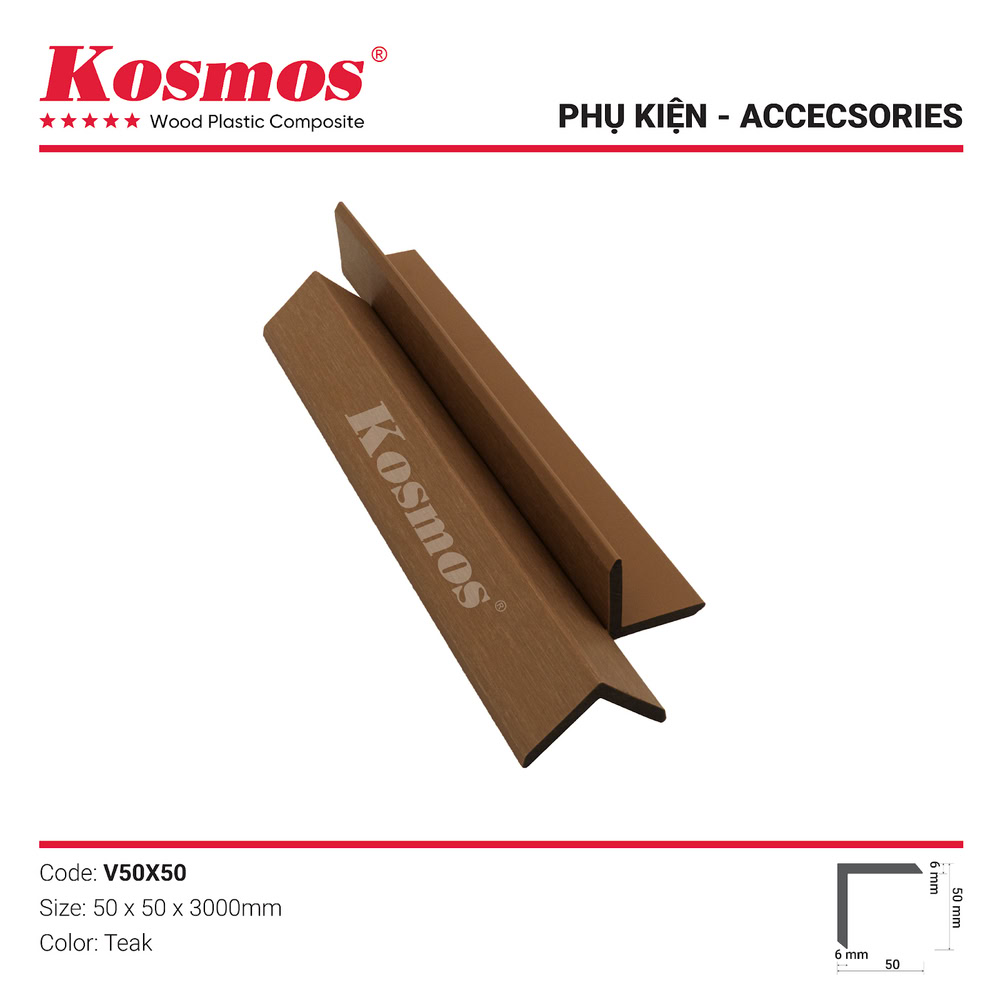 Phụ kiện trang trí nẹp góc V gỗ nhựa 2 da V50X50 màu Teak (vàng cam)
