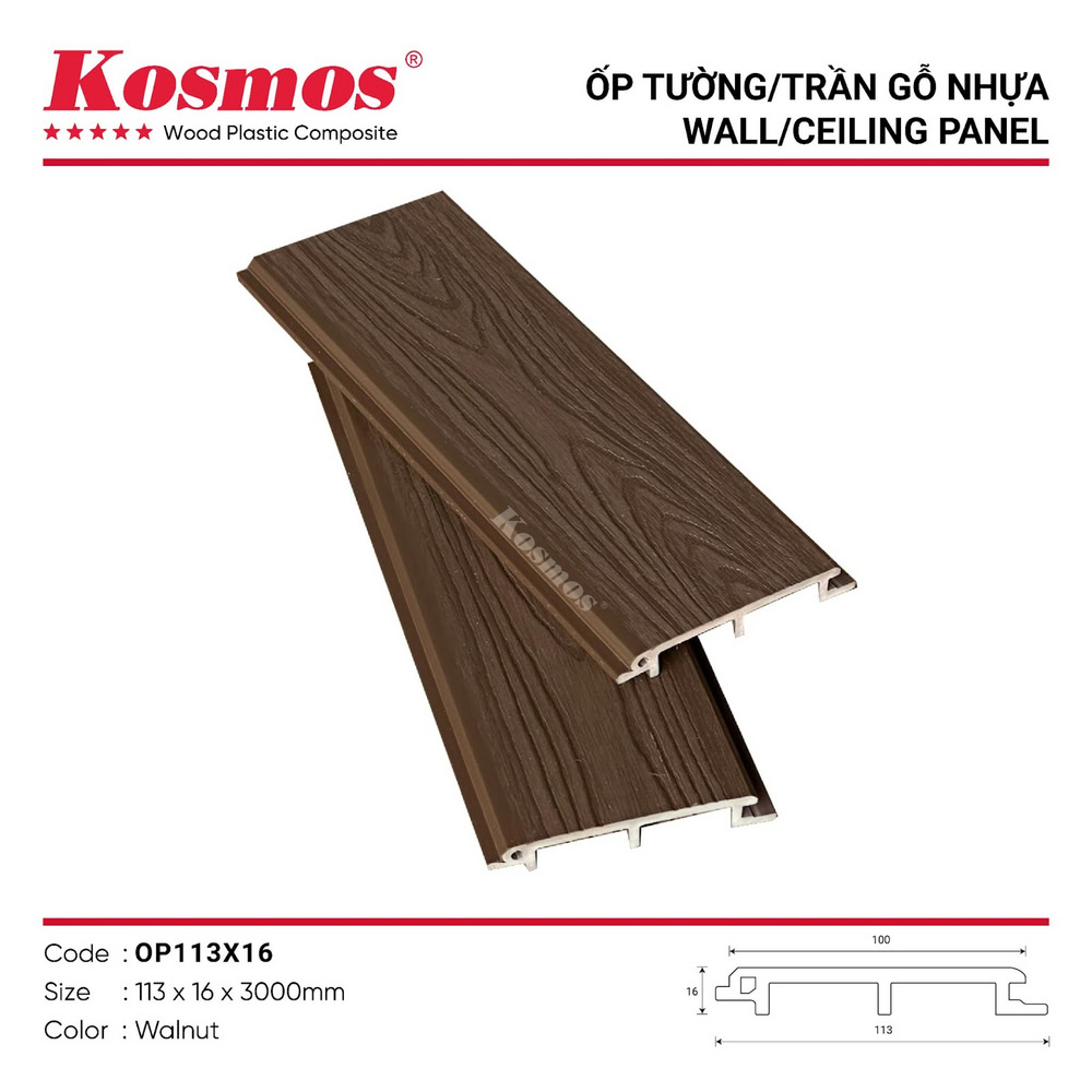 Tấm ốp gỗ nhựa 2 lớp phủ ASA OP113X16 Walnut vân gỗ 3D Tấm ốp gỗ nhựa 2 lớp phủ ASA OP113X16 Walnut vân gỗ 3D