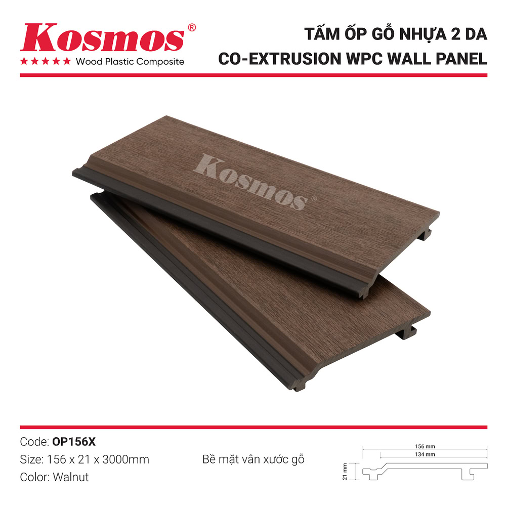 Tấm ốp gỗ nhựa 2 lớp phủ Polymer mã OP156X màu Walnut (Nâu) Tấm ốp gỗ nhựa 2 lớp phủ Polymer mã OP156X màu Walnut (Nâu)