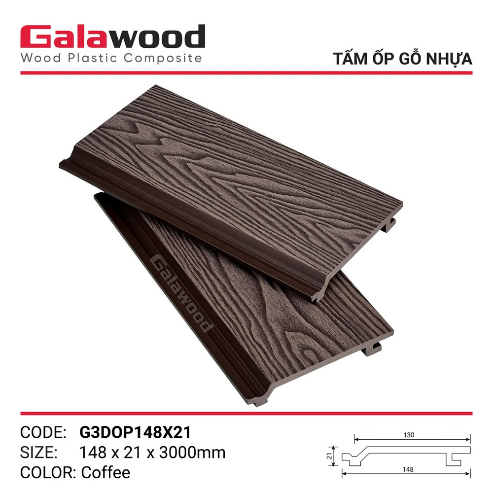 Tấm ốp gỗ nhựa biên dạng phẳng Galawood vân gỗ 3D G3DOP148X21-Coffee Tấm ốp gỗ nhựa biên dạng phẳng Galawood vân gỗ 3D G3DOP148X21-Coffee