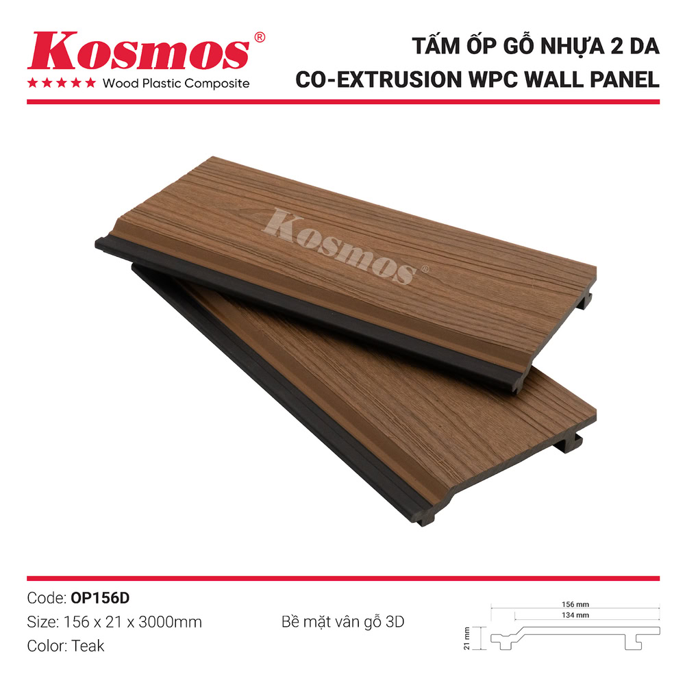 Tấm ốp gỗ nhựa ngoài trời 2 lớp phủ Polymer OP156D Teak Tấm ốp gỗ nhựa ngoài trời 2 lớp phủ Polymer OP156D Teak