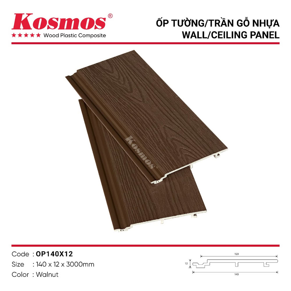 Tấm ốp gỗ nhựa vân 3D ASA màu Walnut mã OP140X12 Tấm ốp gỗ nhựa vân 3D ASA màu Walnut mã OP140X12